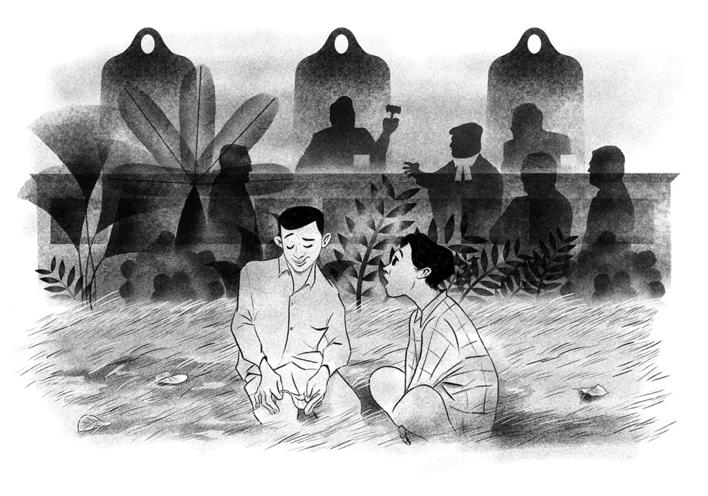 Black and white illustration. Two boys sitting at a grass field, one shyly talking about their experiences and the the looking in awe. Behind silhouettes of Supreme Court judges